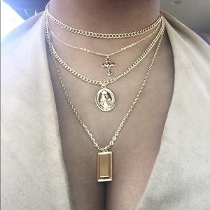 Layered fashion necklace religious stacked